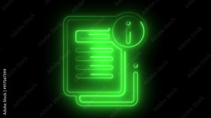 Glowing Blue Neon Document Icon with Information Symbol, Essential for Data, Files, and Information UI Design.