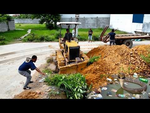 First Start Amazing Project! Landfill on Flooded Area Using Dozer D20A Pushing Stone with 5Ton Truck