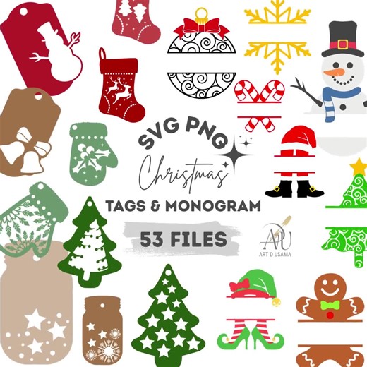 Christmas Gift Tags and Monogram SVG Bundle: Doodle PNG, Winter Holiday Label, Christmas Gifts