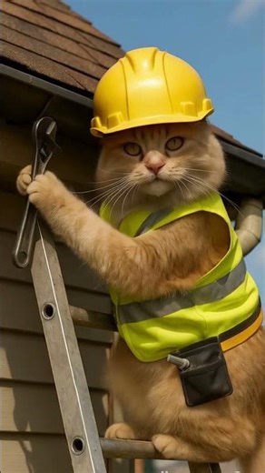 Gutter Fixing Cat Climbs a Ladder Like a Pro! 🐱🪜🔧 You Gotta See This!