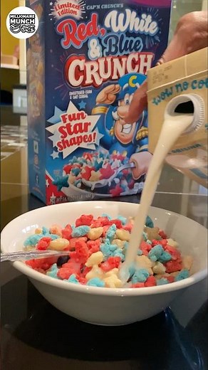 pouring milk over cap’n crunch red white & blue cereal