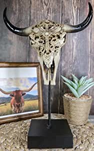 Ebros Gift Southwest Aged Bone Filigree Tooled Bull Cow Steer Head Skull with Angel Winged Celtic High Cross Sculpture On Museum Pole Stand Steers Cows Western Decor Sculpture Gallery