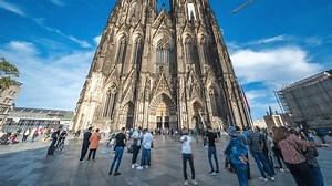 Cologne cathedral time lapse in front og cologne dom (dome) germany city people walking in front. Cologne dome Cathedral St. Peter at Cologne