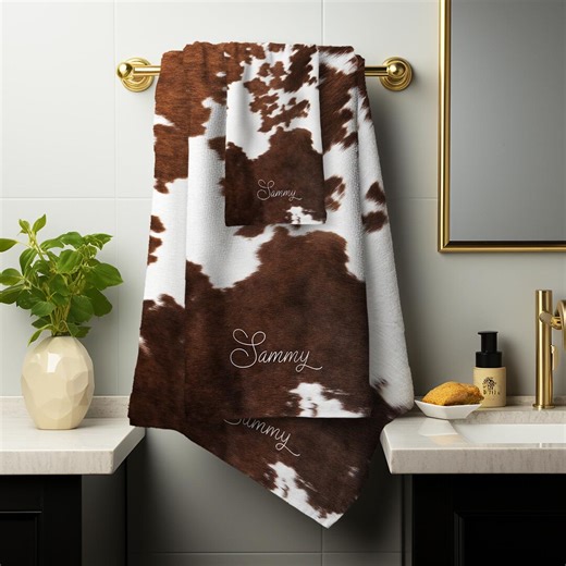 Monogrammed Towels, Custom Personalized, Bath, Hand, Guest, Washcloth, Fingertip, Bathroom, Name, Cowhide Print, Rodeo, Western, Ranch - Etsy