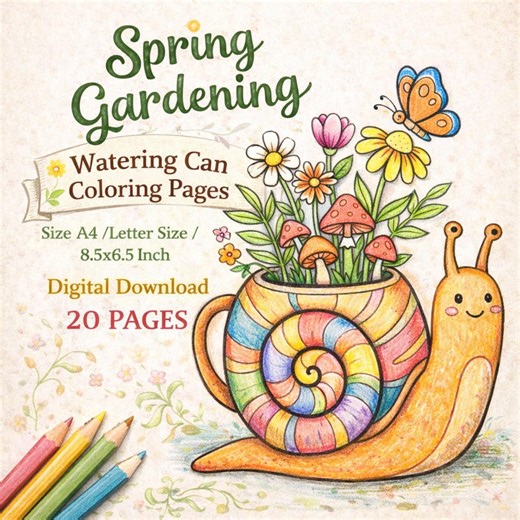 Spring Gardening Coloring Pages - Watering Can, Flowers Tools | Printable Coloring Book for Kids Adults - Etsy