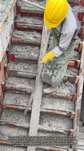 Pouring and Vibrating Concrete Inside Wooden Staircase Formwork at a Construction Site