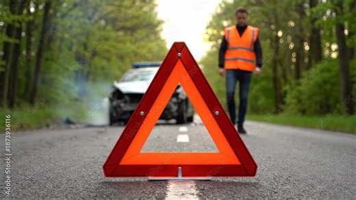 Red warning triangle standing on the road after a car crash, while a desperate driver in a safety vest paces near the smoking, wrecked vehicle, waiting for roadside assistance and insurance help