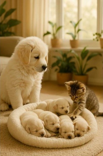 Mom Dog and Cat Team Up to babysit the tiniest babies