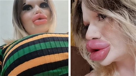 Woman with world's largest lips shows off £20,000 worth of filler