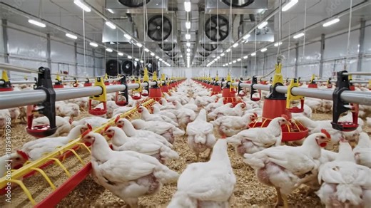 White broiler chicken crowded in a large, modern poultry farming facility walking and eating from feeders, farming footage.