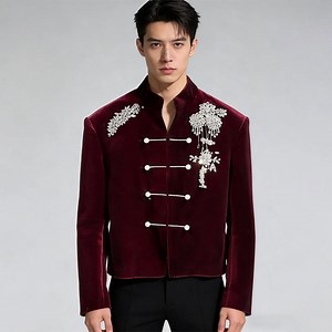 Burgundy Velvet Mandarin Collar Jacket | Crystal Tassel, Pearl Accents, Custom Tailored - Etsy Canada