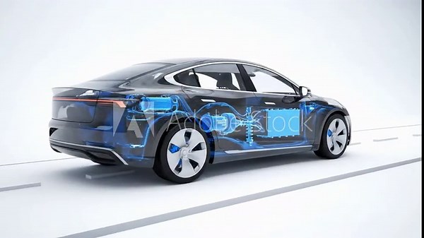 3D animation of an electric car chassis with a visible battery pack and powertrain. EV technology and engineering concept.