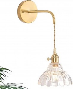 Vintage Wall Sconce with Clear Lily of The Valley Shade Pattern Glass Adjustable Chain Retro Gold Wall Mounted Light, Modern Wall Lamp Fixtures Decor for Bedside Bedroom Indoor Doorway