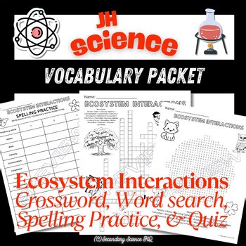 Ecosystem Interactions Vocabulary Crossword, Word search, Quiz, Spelling