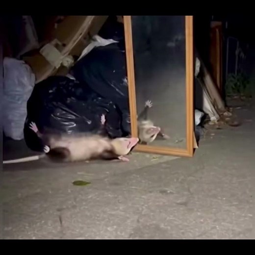 Possum sees reflection in mirror, scares itself into playing dead #animals