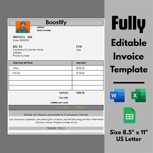 Editable Invoice Template for Google Sheets, MS Excel & MC Word | Invoice Template for Small Business | Professional Printable Business Form - Etsy