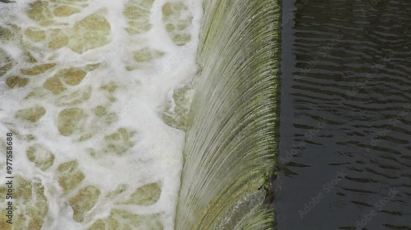 Water in the river overflowing through a weir.