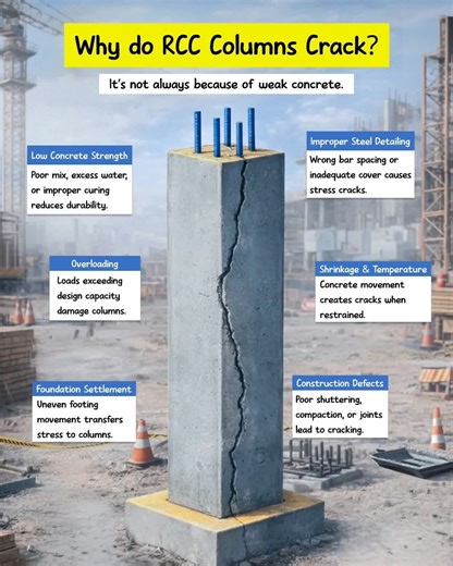 RCC column cracks are not always a sign of weak concrete. They are often a result of detailing errors, overloading, settlement, or poor construction practices. Understanding the real cause is the first step toward prevention. 📌 Save this post — it’s a must-know for every civil engineer. Follow DSE for practical site knowledge. #CivilEngineering #RCCStructure #StructuralEngineering #ConstructionBasics #civil #knowledge #architecture #construction #educacion #reelschallenge #Loading #reelsfyp #fb