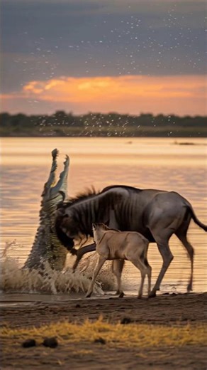 Crocodile Attack FOILED! Wildebeest Sends Predator Back Into The River! 😳 #wildlife #animals #fail