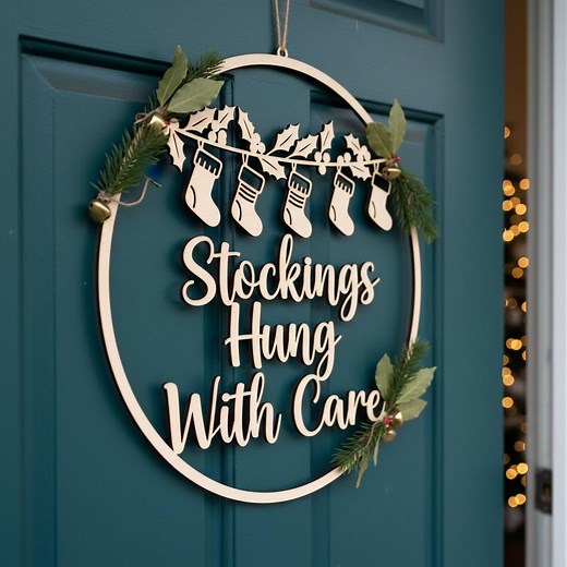 Christmas Door Hanger SVG Laser Cut File, Stockings Hung With Care Sign, Holiday Welcome Sign for CNC - Etsy