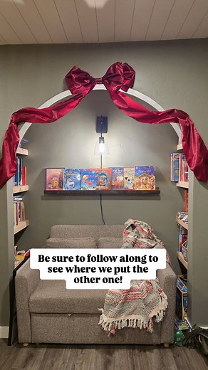  for BOW in comments! This viral satin bow is massive, and it looks so perfect hanging out at the top of the archway in our reading nook. I used a Command strip to hang it and a little bit of mounting putty to bring up the ends around the arch. I just figured out where to put the 2nd one, so follow along to see where it goes in my Christmas decor. #bow #christmasbow #treetopperbow #christmasdecor #walmartfinds #walmart #mytexashouse #satinbow | Making Manzanita | Facebook