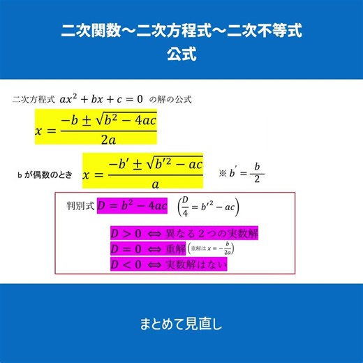 【高校数学】2次関数～2次方程式～2次不等式公式見直し用#公式#二次関数#二次方程式#二次不等式#判別式#解の公式#実数解の個数#共有点の個数#対称移動#平行移動