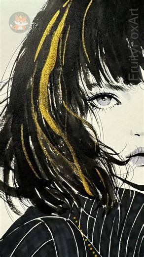 Free hand brush drawing of hair female portrait art