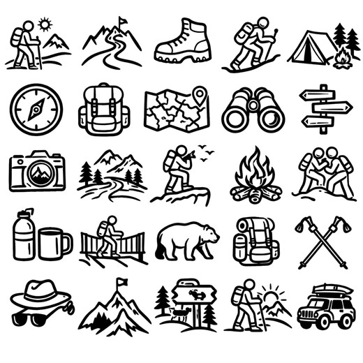 Hiking SVG Bundle – 25 Distinct Outdoor Adventure Symbols, Solid Dark Stroke Graphics, Minimalist Mountain Clipart, Camping Trail Elements - Etsy