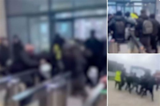 Security barriers hurled as college fight between youths descends into mass brawl