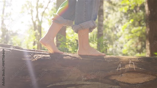 Barefoot woman walking on tree trunk in forest, close up feet balancing on natural wood surface, Nature Therapy mindful grounding practice, outdoor meditation wellness, relaxation in peaceful woodland