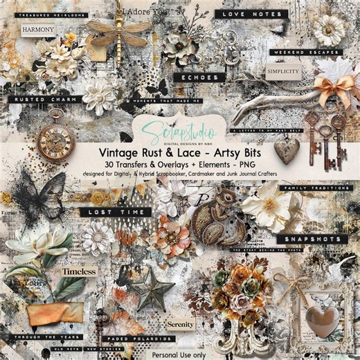 Vintage Rust & Lace Digital Collage Kit: Steampunk Grunge Embellishments (personal Use) - Etsy