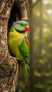 Male Plum-headed Parakeet Peering from Tree Hollow in Ancient Forest #birdslover #birds #nature #birdwatching #birdlife #birdsofprey | Dunia Kita