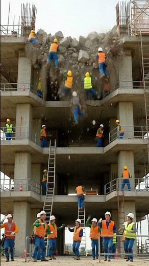 Industrial disaster site with falling structures.