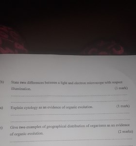 b) State two differences between a light and electron microscop... | Filo