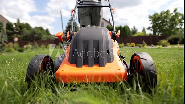 Woman gardener cutting green grass with lawn mower on a sunny summer day. Slow motion.