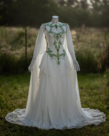 Elven Wedding Dress in White and Green – Custom Forest Bridal Gown – Fairy Ritual Gown – Fantasy Elopement Dress – Nature Bride - Etsy