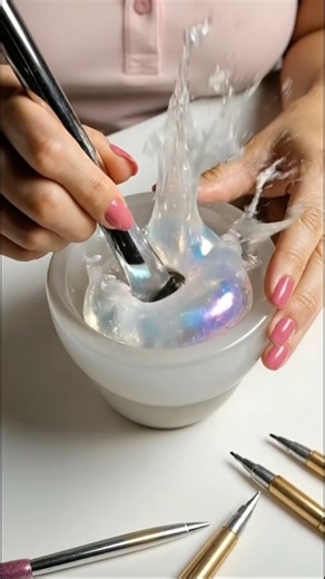 Iridescent glass sphere transforming into magical viscous mass