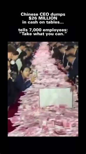 How do I apply for a job in this company? 💰🤑 Chinese CEO Cui Peijun of Henan Kuangshan Crane Co. dumps $26 MILLION in cash on tables — tells 7,000 employees: “Take what you can.” Script: No pizza party. No motivational speech. Just tables… covered in cash. At a year-end celebration in China, the CEO of a crane manufacturing company laid out $26 million in real cash across long tables and invited 7,000 employees to grab their share. Why? He said young workers today are drowning in car loans, mo