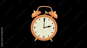 Clock animated. Orange alarm clock rotating in 12-hour time-lapse loop with an alpha channel. Transparent 4K Alpha Channel. Seamless loop. Perfect for alarms, productivity, and project deadline.
