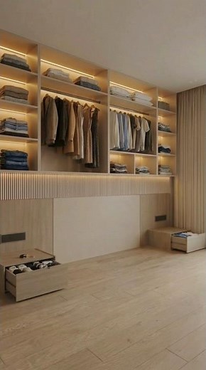 minimalistic over bed storage for high ceiling bedroom in beige finish.
