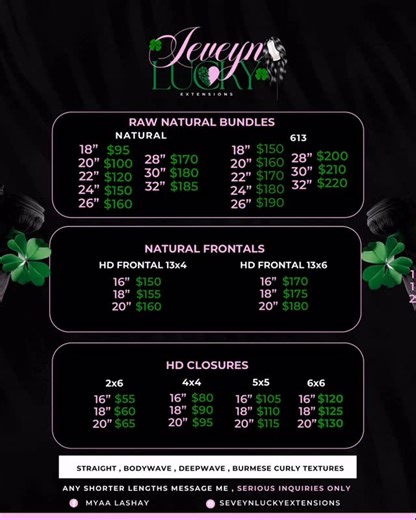 Sev’s Lucky Xtension Factory on Instagram: "Updated price list .. we have added bundles to our collection 💕 come try our 3 bundle deal of raw Xtensions 🍀 any shorter lengths or inquiries dm this page…"