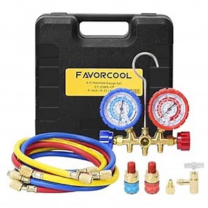FavorCOOLHvac Gauges, AC Diagnostic Manifold Gauge Set for R410a R134a R22 R12 Refrigerant, Brass Body 3-Way Car HVAC Gauge Set with 4FT Hoses Adjustable Couplers Adapter and Can Tap Freon Charge Kit