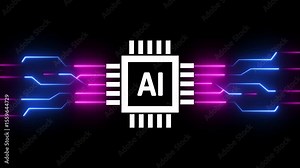 Glowing neon AI circuit board background. Computer motherboard with a chip, Processor with artificial intelligence AI.Minimal chip icon with AI text and circuit lines icon animation .
