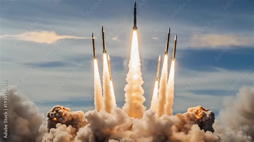 Missile rocket launch sequence rising through clouds with powerful fire smoke and propulsion showing modern defense technology aerospace power cinematic animation video