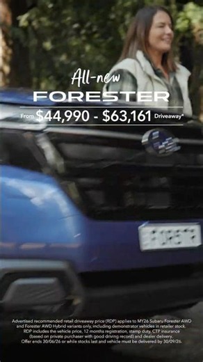 Subaru EOFY Offer - All-new Forester AWD, now from $44,990 driveaway*. *T&Cs apply.