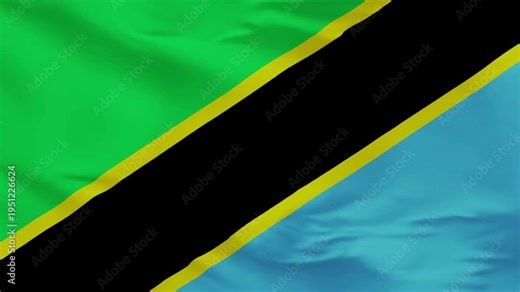 Tanzania's Emblem: The national flag of Tanzania, with its symbolic colors of green, black, yellow, and blue, waves gently, representing the nation's heritage, unity, and natural beauty.