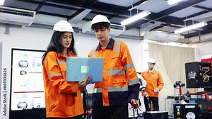 Team male and female robot engineering students at the robot development Institute studies and researches the operation robot arms support modern industries that use remote controlled robot machinery.