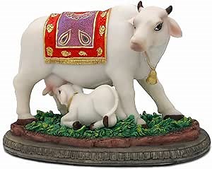 Hindu God Cow Calf Statue- 6.7" L Indian Idol Kamadhenu with Calf Figurines wish-fulfilling Cow Diwali Gifts Murti Pooja Item Home Office Mandir Temple Altar Puja Decor Gifts for Indian Friends