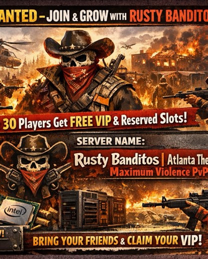 🔥 Help Wanted – Join & Grow With Rusty Banditos! 🔥 We’re currently looking for dedicated players to help seed and populate our Rust server. If you enjoy being part of a growing community and want to help shape a long-term server, this is your chance! 🎁 Launch Perk: The first 30 players to join will receive FREE VIP status along with reserve slots so you’ll always have priority access. 🖥️ Server Specs: ✅ Hosted on our own dedicated machine for long-term stability ✅ 100-slot server (with plans