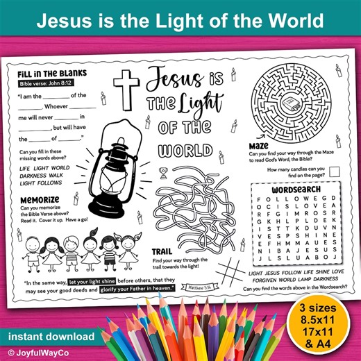 Jesus is the Light of the World Bible Activity Printable. Christian Activity Placemat. Light Party Bible Games Craft for Sunday School Kids - Etsy Australia